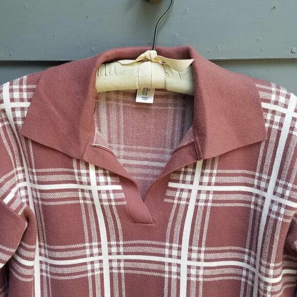 Max Studio Brown White Plaid Knit Sweater with Collar size Medium - Picture 5 of 11
